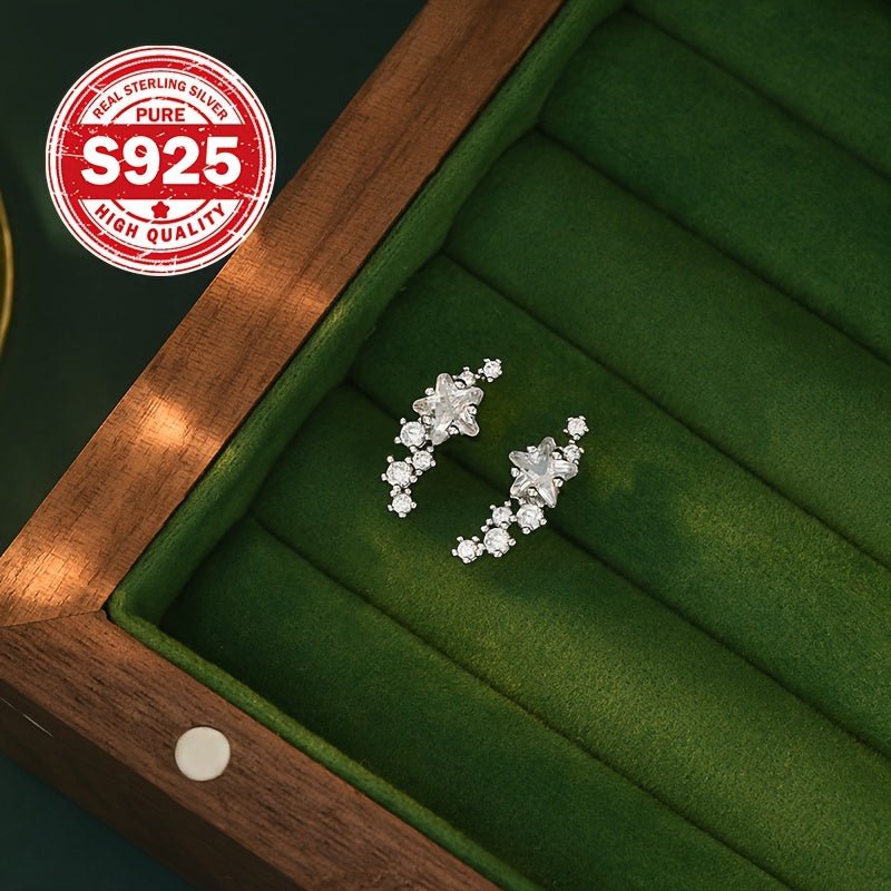 1 Pair Sterling Silver 925 Zirconia Star Climber Earrings, Cute & Luxurious Ear Jewelry For Women - italy shopping