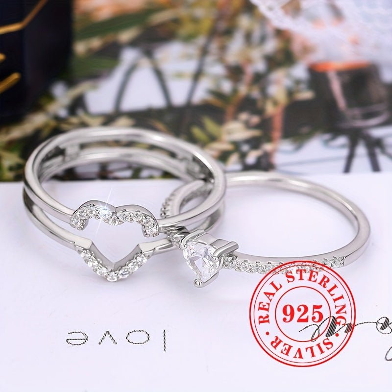 Sterling Silver 925, Dual Layered Heart Ring Set With Sparkling zirconia - italy shopping