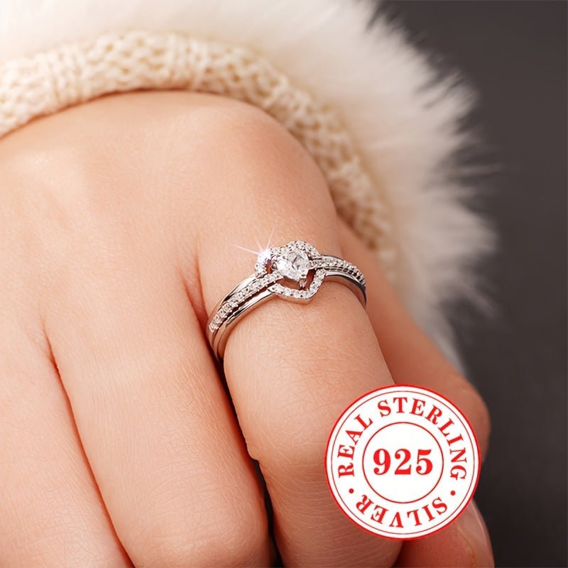 Sterling Silver 925, Dual Layered Heart Ring Set With Sparkling zirconia - italy shopping