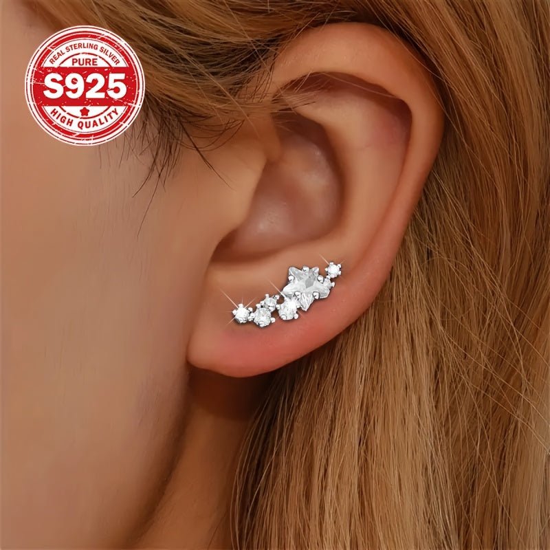1 Pair Sterling Silver 925 Zirconia Star Climber Earrings, Cute & Luxurious Ear Jewelry For Women - italy shopping