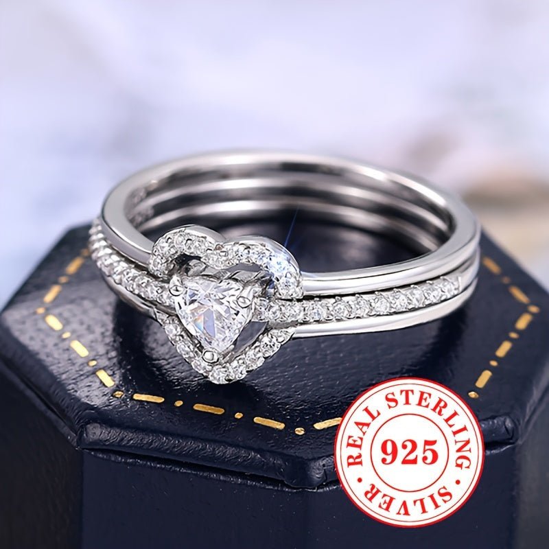 Sterling Silver 925, Dual Layered Heart Ring Set With Sparkling zirconia - italy shopping