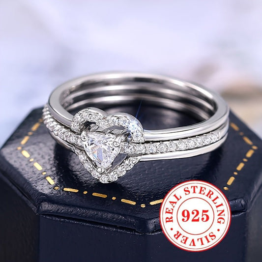 Sterling Silver 925, Dual Layered Heart Ring Set With Sparkling zirconia - italy shopping