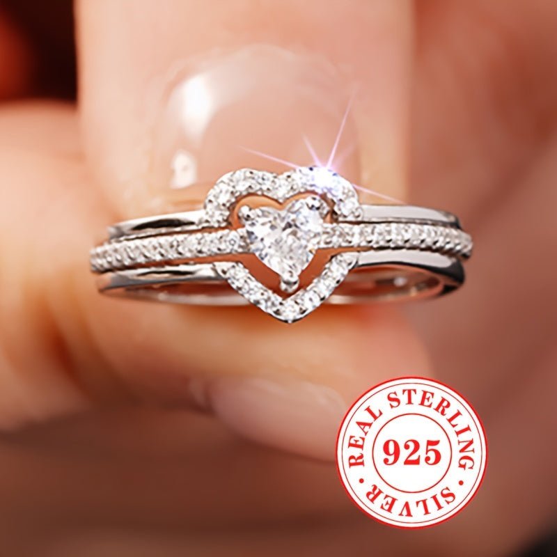 Sterling Silver 925, Dual Layered Heart Ring Set With Sparkling zirconia - italy shopping