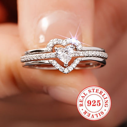 Sterling Silver 925, Dual Layered Heart Ring Set With Sparkling zirconia - italy shopping