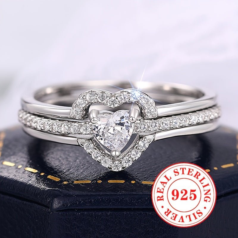 Sterling Silver 925, Dual Layered Heart Ring Set With Sparkling zirconia - italy shopping