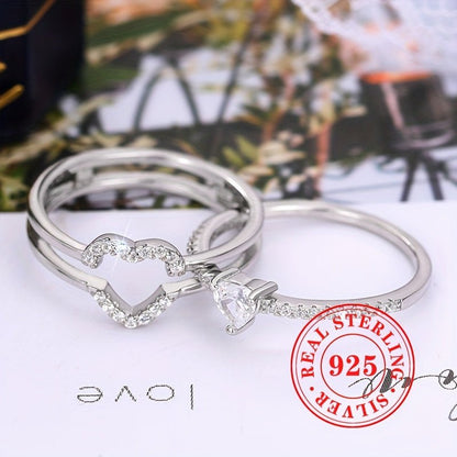 Sterling Silver 925, Dual Layered Heart Ring Set With Sparkling zirconia - italy shopping