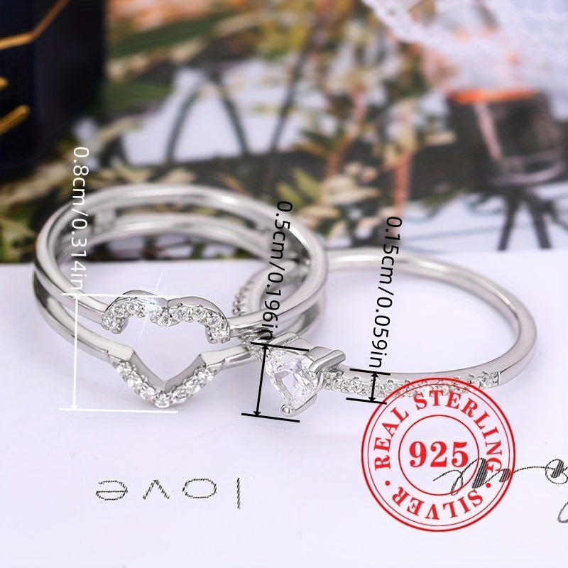 Sterling Silver 925, Dual Layered Heart Ring Set With Sparkling zirconia - italy shopping