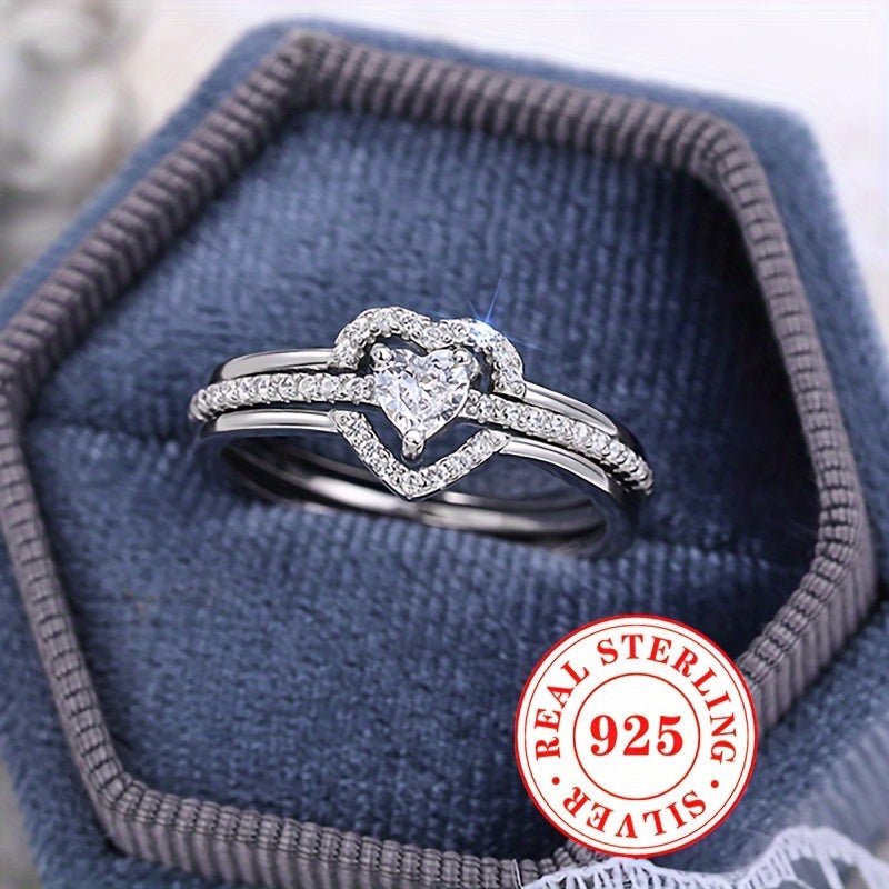Sterling Silver 925, Dual Layered Heart Ring Set With Sparkling zirconia - italy shopping
