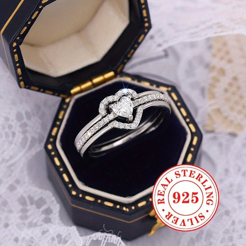 Sterling Silver 925, Dual Layered Heart Ring Set With Sparkling zirconia - italy shopping
