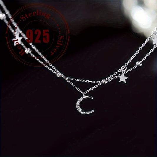 Sterling Silver 925 Double Layered Star and Moon Charm Bracelet - Bohemian and Hip - Hop Inspired, Perfect for Daily Wear and Parties, Stylish Accessory for Women and Girls - italy shopping