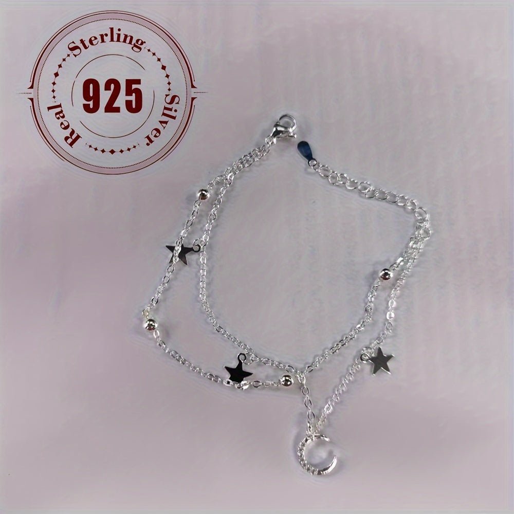 Sterling Silver 925 Double Layered Star and Moon Charm Bracelet - Bohemian and Hip - Hop Inspired, Perfect for Daily Wear and Parties, Stylish Accessory for Women and Girls - italy shopping
