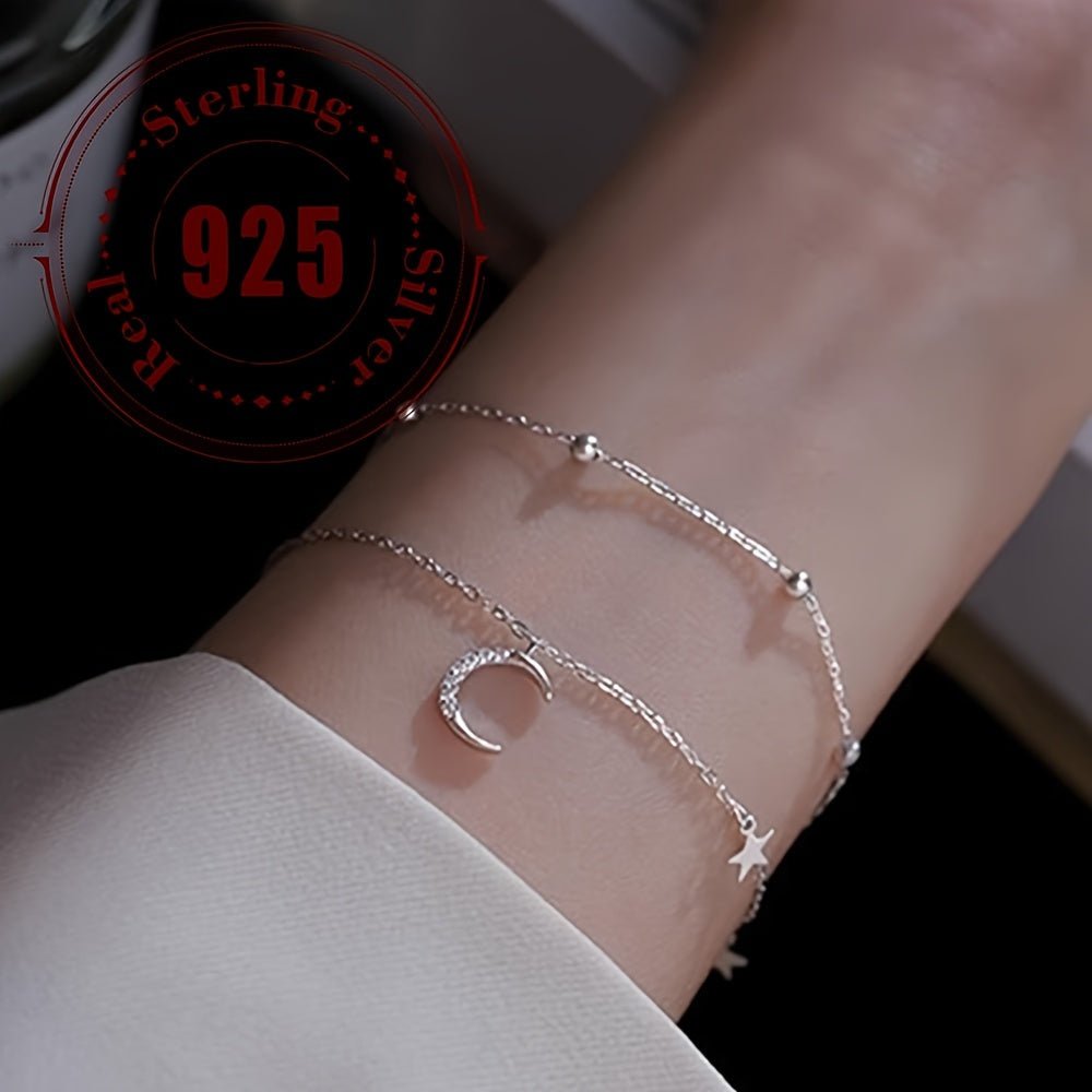 Sterling Silver 925 Double Layered Star and Moon Charm Bracelet - Bohemian and Hip - Hop Inspired, Perfect for Daily Wear and Parties, Stylish Accessory for Women and Girls - italy shopping