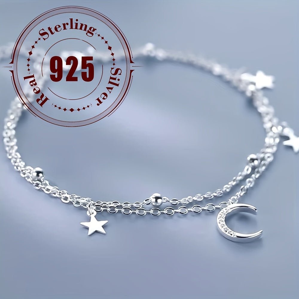 Sterling Silver 925 Double Layered Star and Moon Charm Bracelet - Bohemian and Hip - Hop Inspired, Perfect for Daily Wear and Parties, Stylish Accessory for Women and Girls - italy shopping
