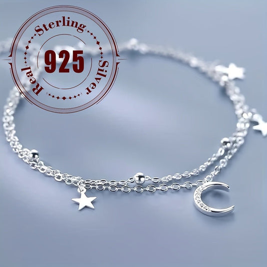 Sterling Silver 925 Double Layered Star and Moon Charm Bracelet - Bohemian and Hip - Hop Inspired, Perfect for Daily Wear and Parties, Stylish Accessory for Women and Girls - italy shopping