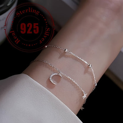 Sterling Silver 925 Double Layered Star and Moon Charm Bracelet - Bohemian and Hip - Hop Inspired, Perfect for Daily Wear and Parties, Stylish Accessory for Women and Girls - italy shopping