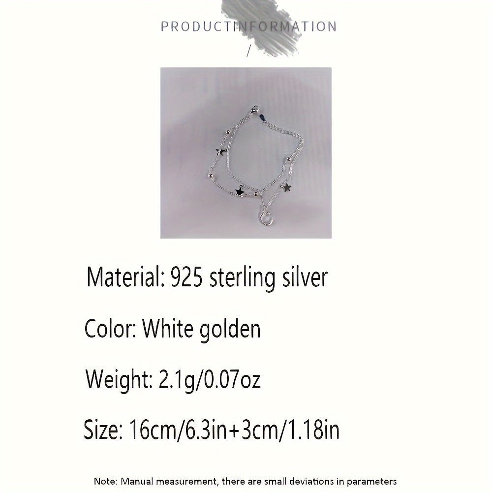 Sterling Silver 925 Double Layered Star and Moon Charm Bracelet - Bohemian and Hip - Hop Inspired, Perfect for Daily Wear and Parties, Stylish Accessory for Women and Girls - italy shopping