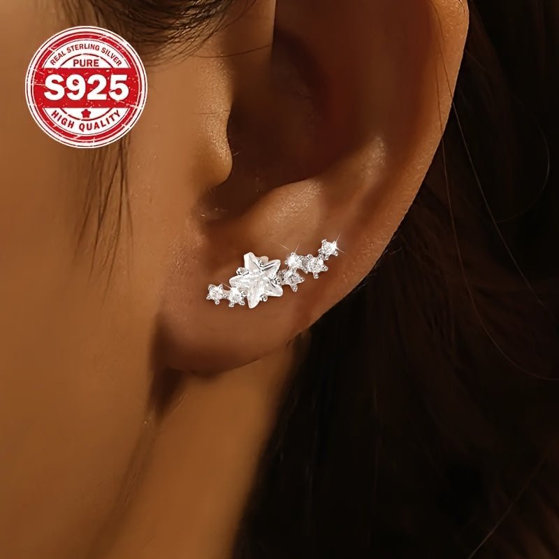 1 Pair Sterling Silver 925 Zirconia Star Climber Earrings, Cute & Luxurious Ear Jewelry For Women - italy shopping