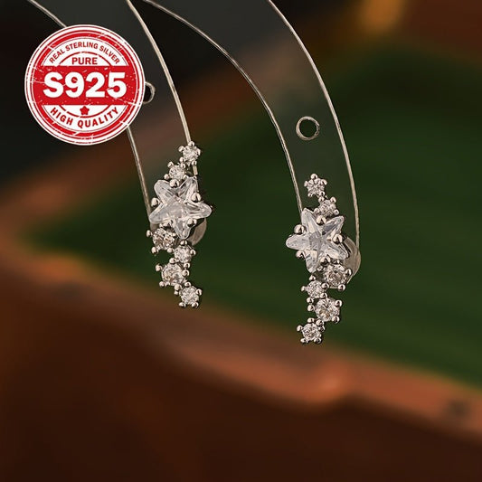 1 Pair Sterling Silver 925 Zirconia Star Climber Earrings, Cute & Luxurious Ear Jewelry For Women - italy shopping